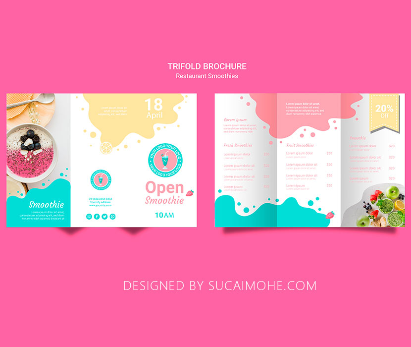 粉色餐厅冰沙三折小册子创意设计PSD源文件