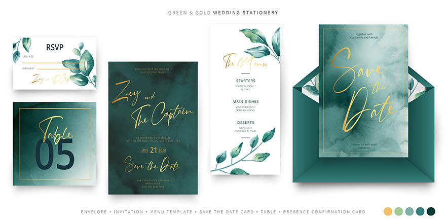 绿金婚礼情人节文具模板green-gold-wedding-stationery-template