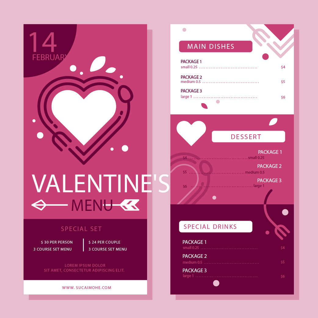 粉红色情人节婚礼易拉宝海报创意设计plantilla-menu-plano-san-valentin