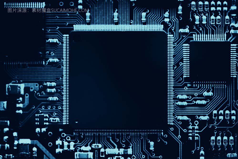 蓝色主板特写技术上的智能微芯片背景