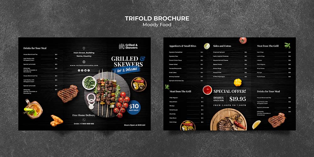 烤牛排蔬菜餐厅三折小册子模板 grilled-steak-veggies-restaurant-trifold-brochure-template