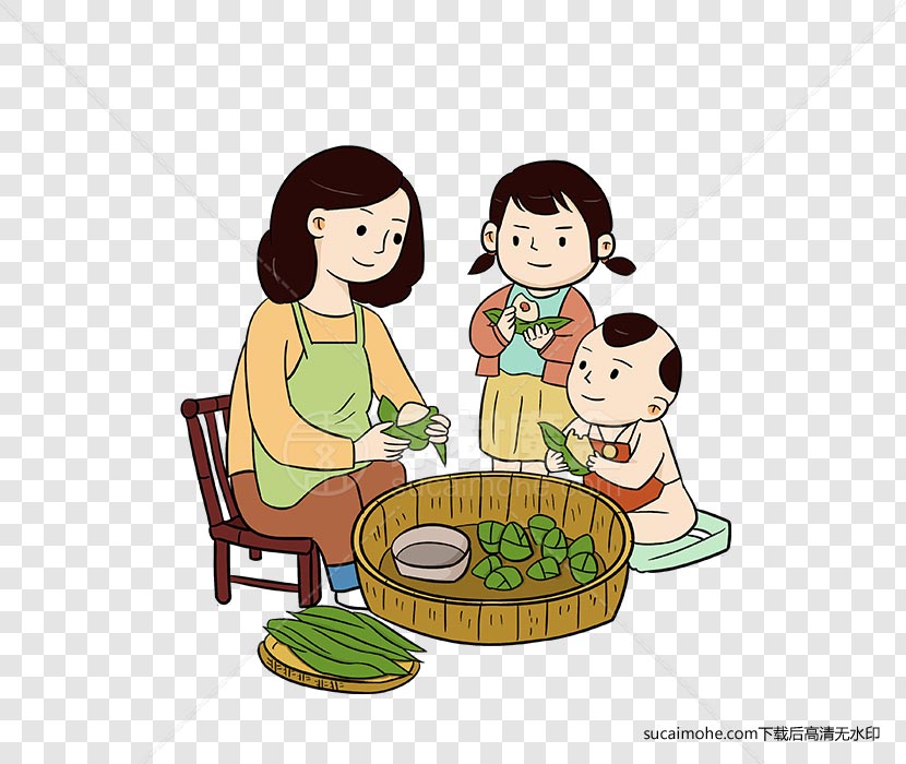 端午节一家人包粽子手绘卡通免抠png元素
