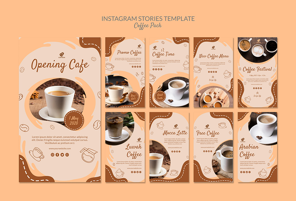 西餐厅咖啡海报手机APP开屏翻页设计PSD源文件coffee-pack-instagram-stories-template