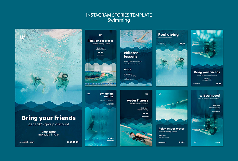 游泳健身广告海报设计PSD源文件swimming-lessons-instagram-stories-templates