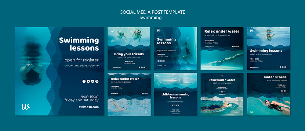 游泳课广告媒体海报设计模板PSD源文件swimming-lessons-social-media-posts-templates
