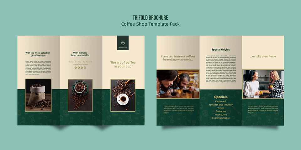 国外欧美绿色西餐厅咖啡菜单三折页trifold-brochure-coffee-shop-template