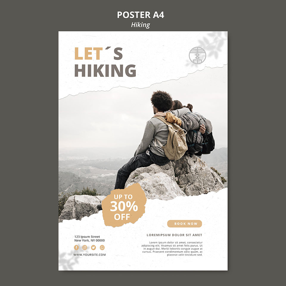 徒步旅行概念海报模板hiking-concept-poster-template