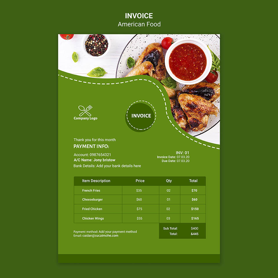 绿色美食餐厅菜单设计PSD源文件american-food-invoice-template