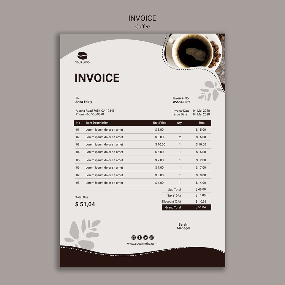 咖啡厅西餐厅菜单模板设计PSD源文件tasty-coffee-invoice-template