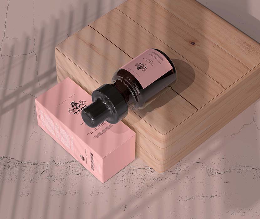 带有框模型的琥珀色玻璃滴管瓶Psd源文件amber-glass-dropper-bottle-with-box-mockup