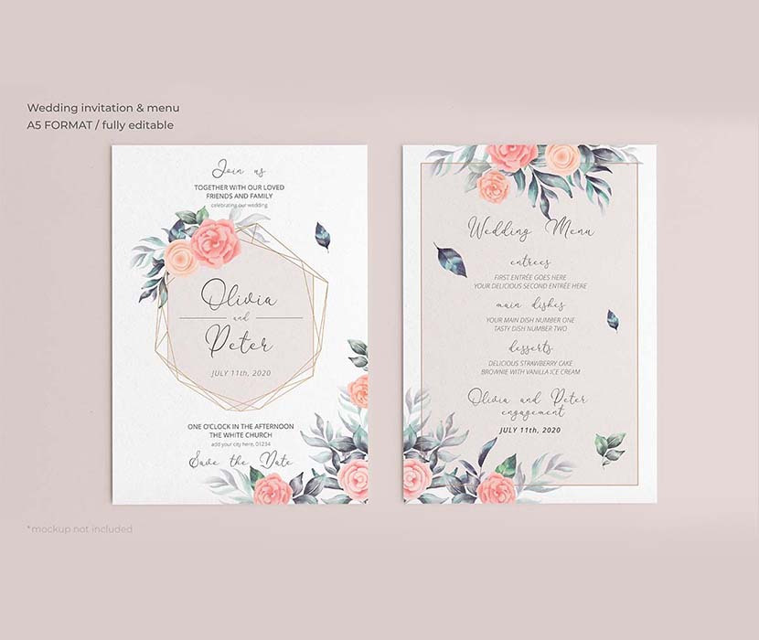 软花艺婚庆邀请和菜单模板Psd源文件soft-floral-wedding-invitation-menu-template