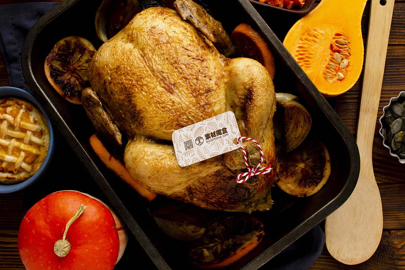 顶视图美味感恩节火鸡标签样机Psd源文件view-delicious-thanksgiving-turkey