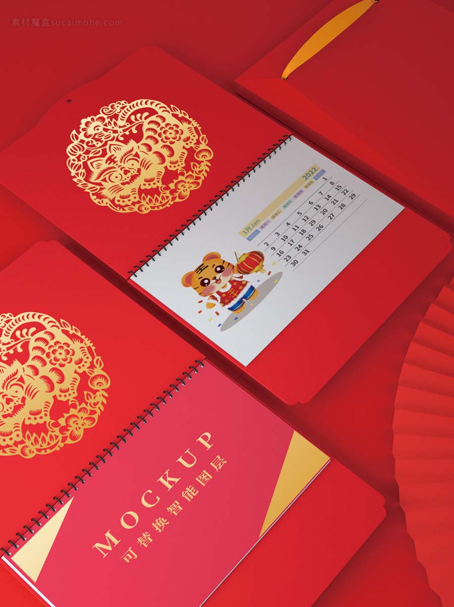 中国风红色新年春节挂历样机PSD源文件（含C4D文件）