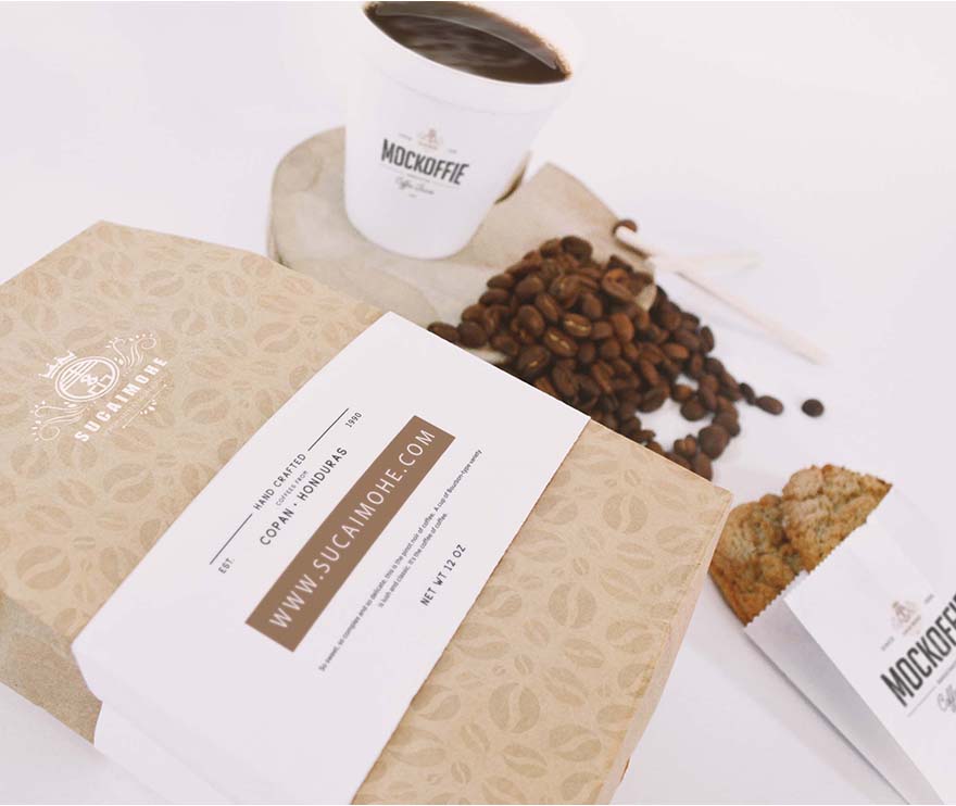 咖啡豆纸袋和咖啡纸杯包样机PSD源文件
