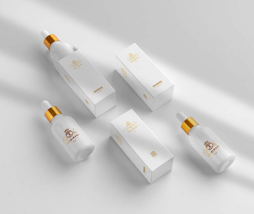 乳白色金色化妆品瓶和纸盒包装样机PSD源文件