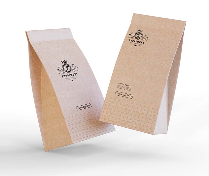 两个牛皮纸咖啡豆包装袋样机PSD源文件