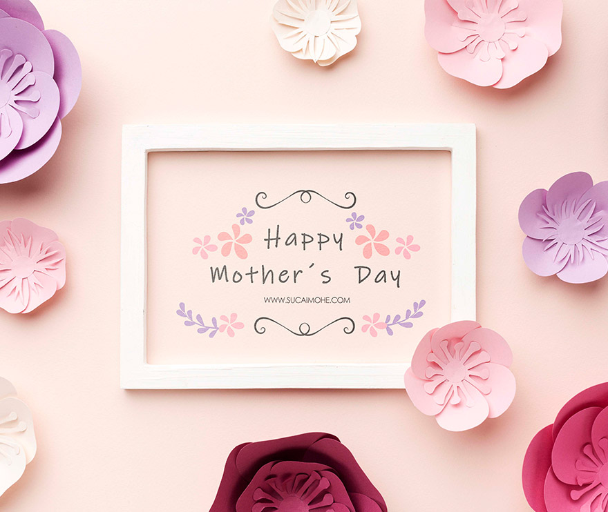 五颜六色剪纸鲜花和母亲节相框样机PSD源文件top-view-mothers-day-concept