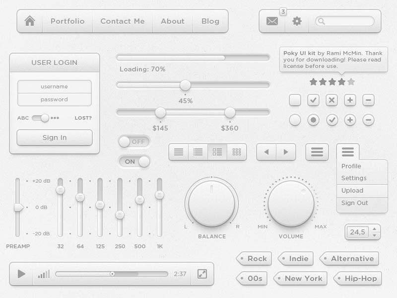 音乐视频播放器UI工具包Poky UI kit by Rami McMin