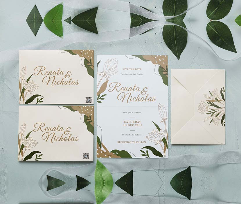 带叶子的平面婚礼请柬样机PSD源文件flat-lay-wedding-invitation-with-leaves