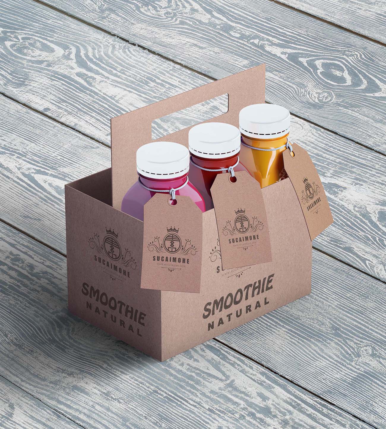 塑料瓶的有机冰沙在纸箱中的高视图免费Psd-plastic-bottles-organic-smoothie-cardboard-boxes-high-view