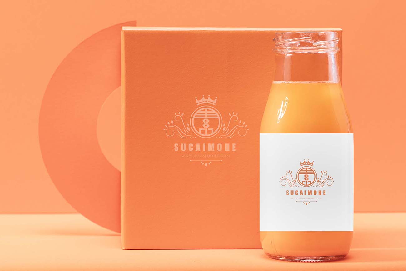 橙汁玻璃瓶和包装盒样机PSD源文件orange-smoothie-mock-up-design