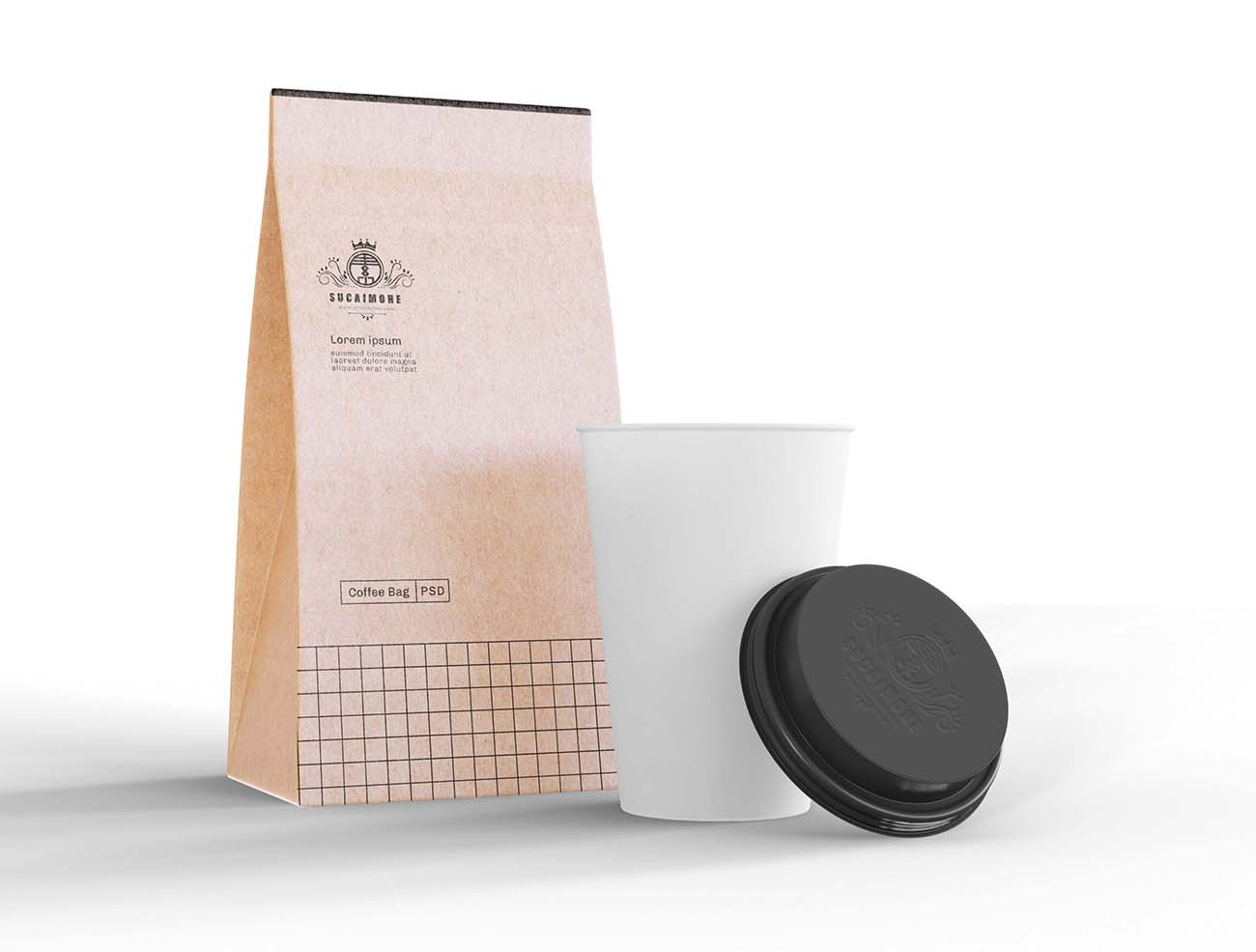 纸质咖啡豆包装袋和咖啡杯样机PSD源文件