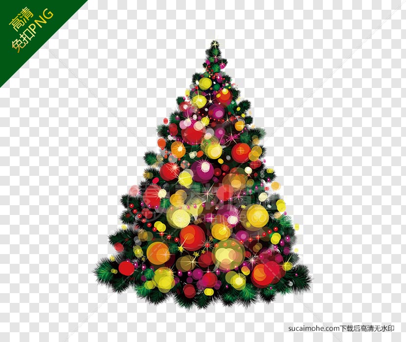 圣诞节挂满圣诞球的圣诞树摆件免扣png元素下载