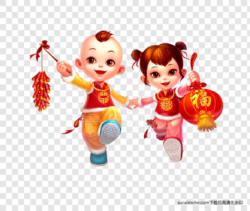 挑灯笼的两个男女福娃免抠PNG元素内含PSD文件