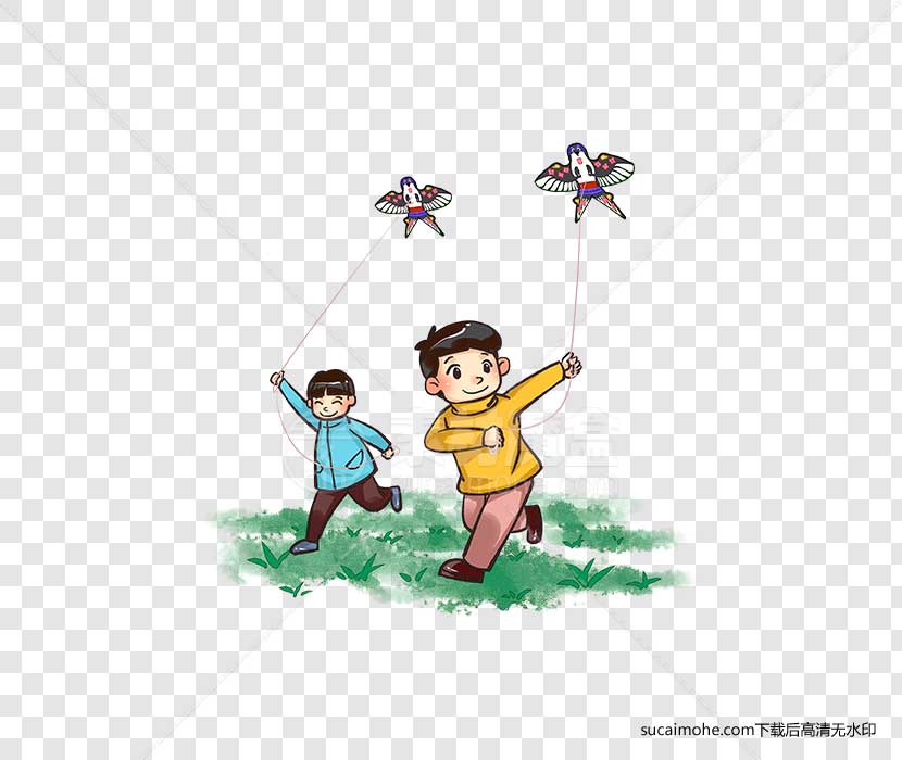 两个在草地上放风筝的儿童免抠png素材