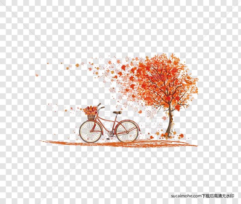 秋天红心树喝自行车文艺免抠png元素