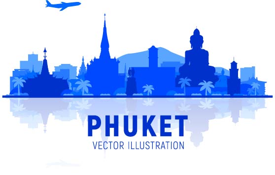 普吉岛泰国天际线剪影与全景天空背景矢量插图商务旅行和旅游概念与现代建筑