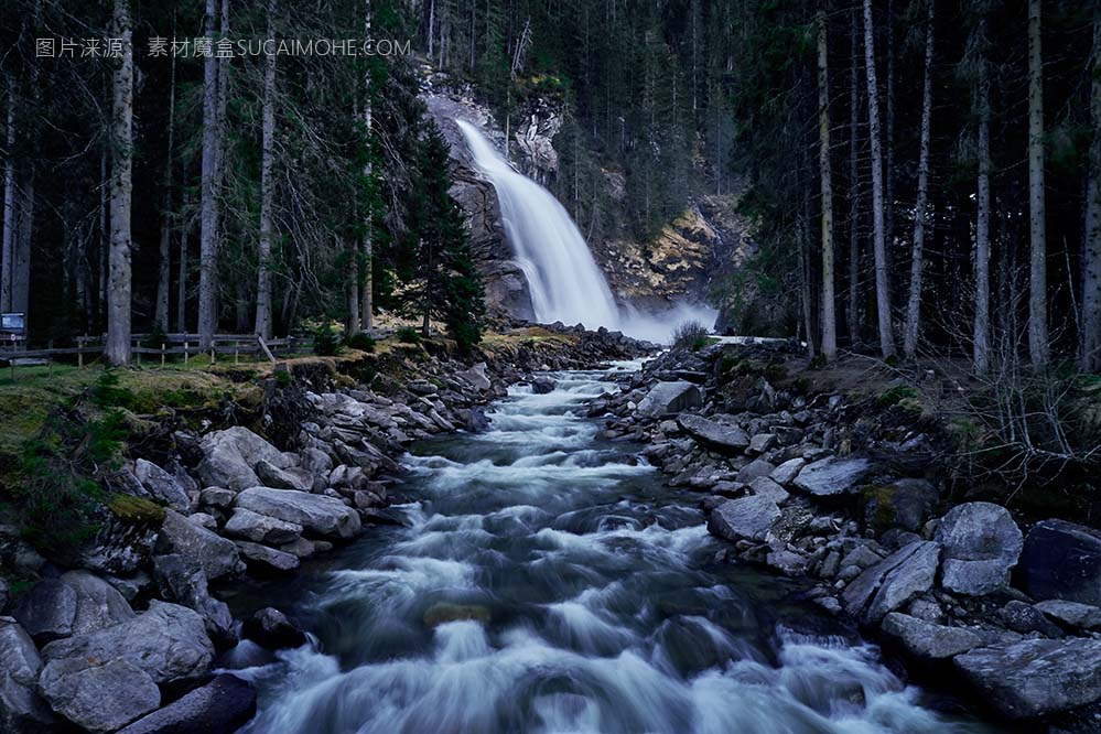 一条河流的美丽照片，从高大云杉的森林中的瀑布发源