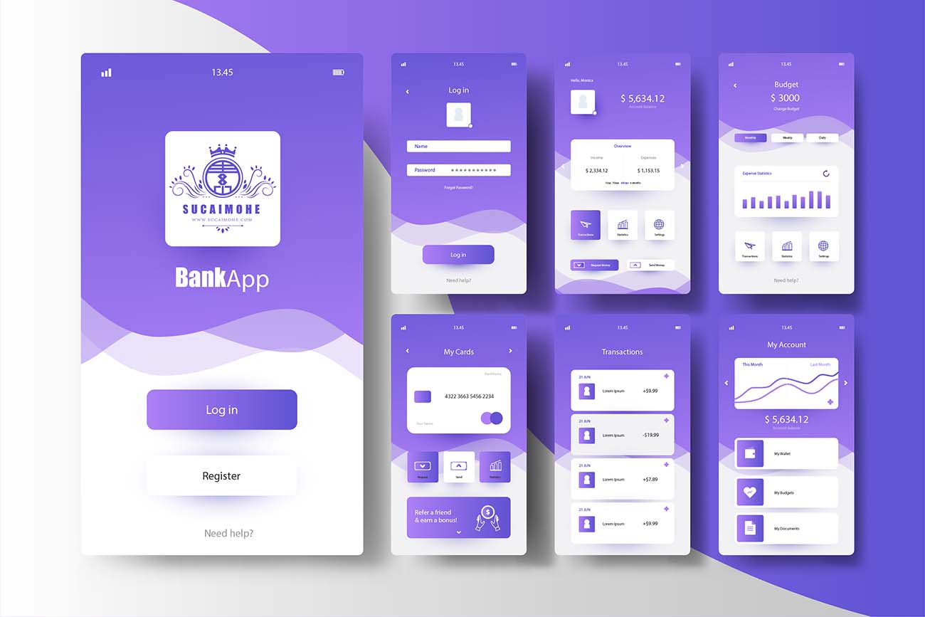 紫色渐变银行APP界面UI设计源文件Banking app interface concept Free Vector