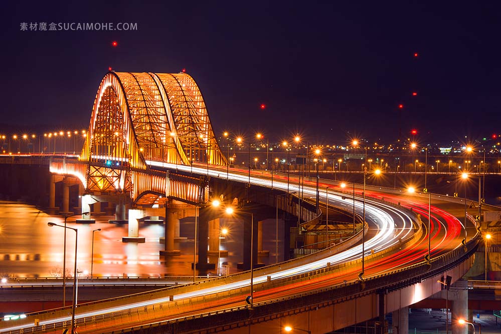 晚上，韩国奉化桥照片banghwa-bridge-night-korea