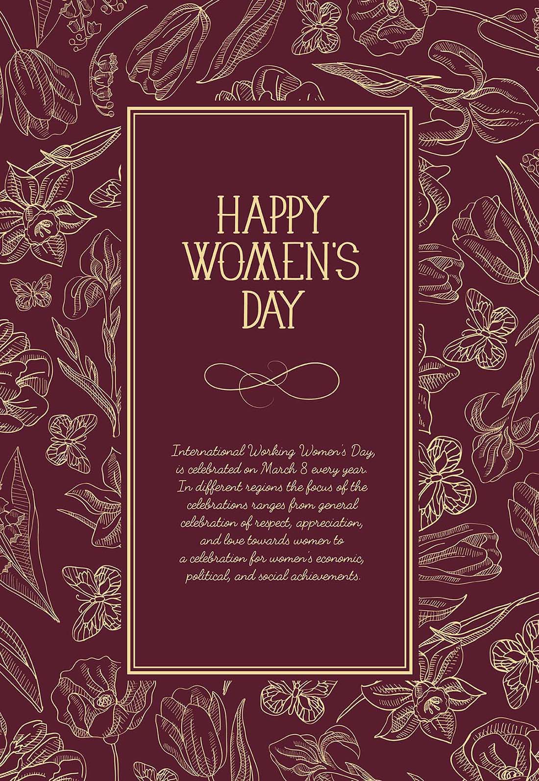 妇女节快乐一天方形贺卡与许多花在带有问候图矢量红色文本的右侧happy-women-s-day-square-greeti