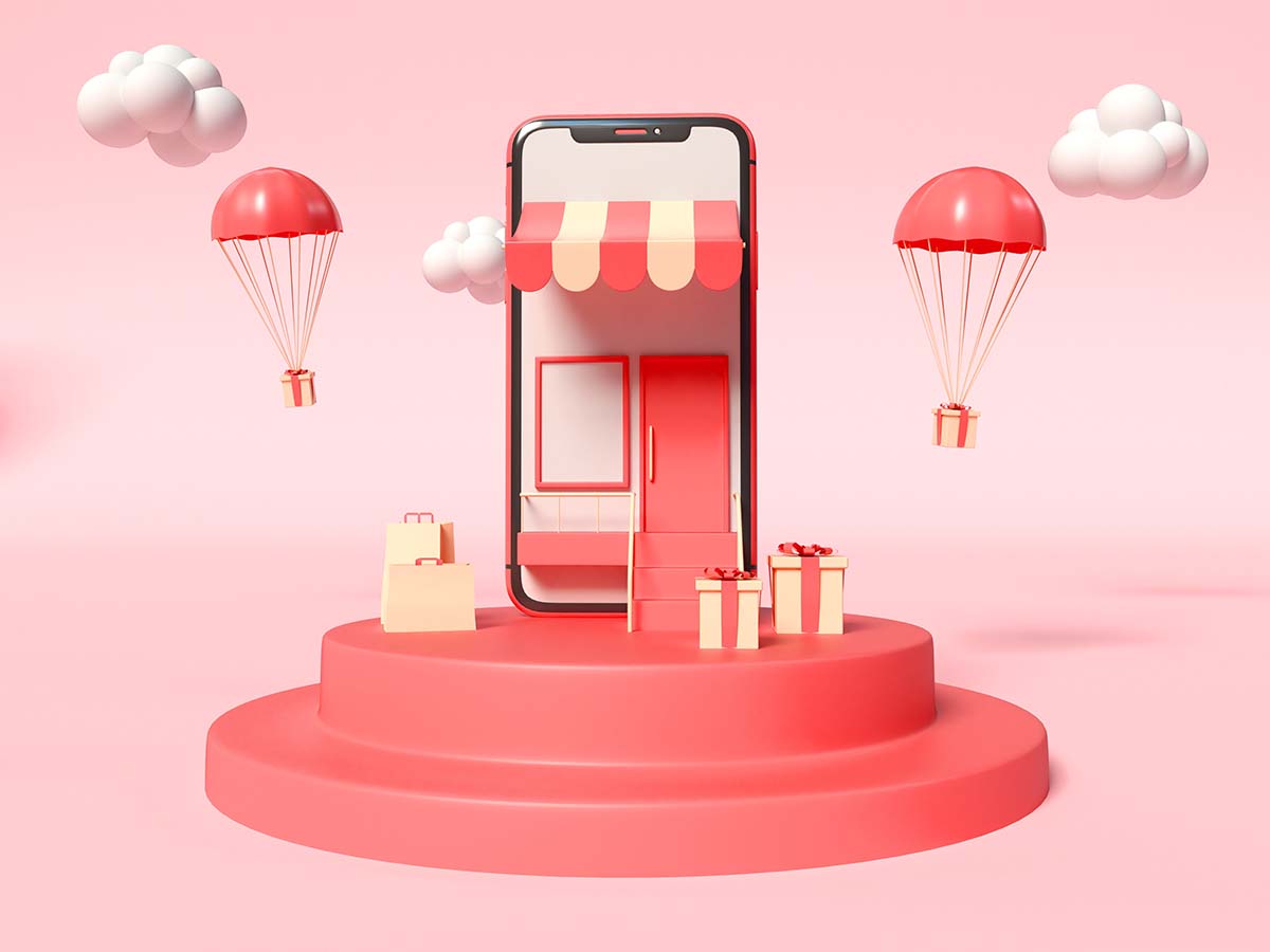 3d智能手机的插图，有一家商店在屏幕上和有礼品盒的一面照片3d-illustration-smartphone-with-store-