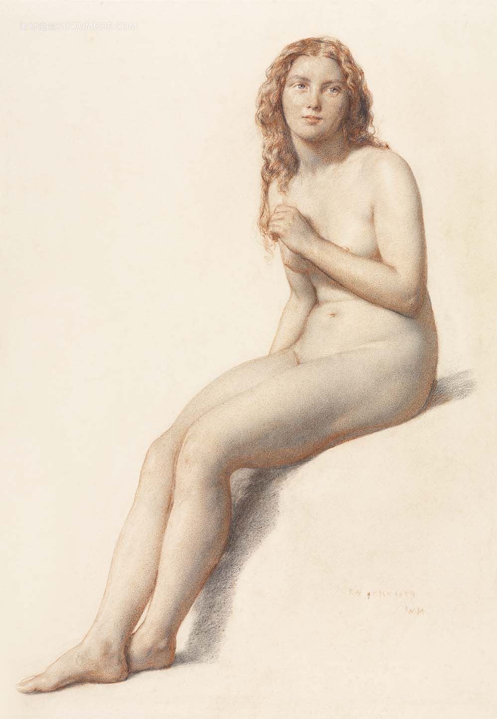 肉欲地摆在赤裸的妇女，葡萄酒色情艺术。威廉·穆里迪（William Mulready）的《坐着的裸体女性