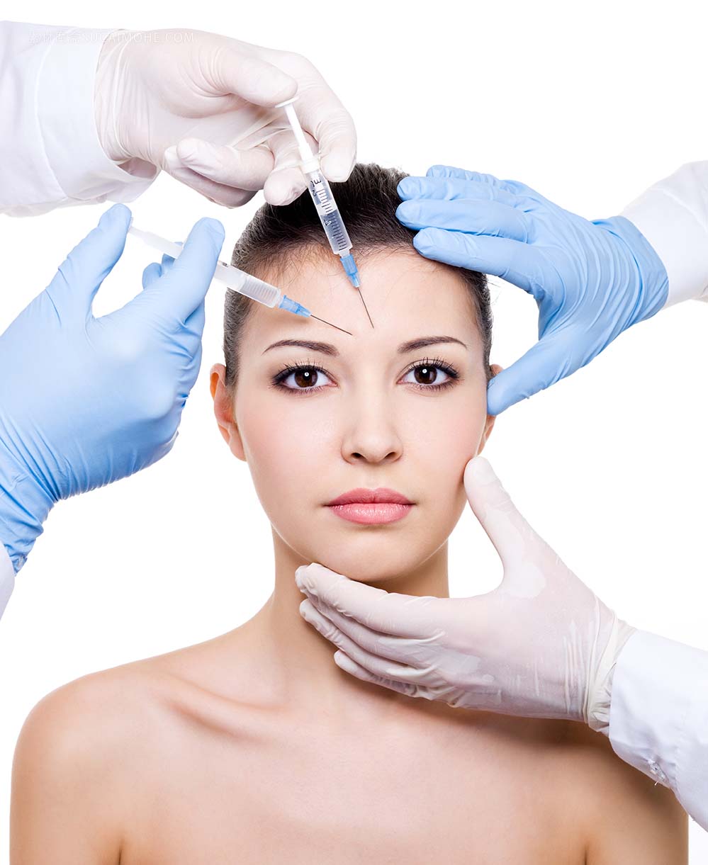 肉毒杆菌毒素注射在女性脸上白色孤立的眉毛上照片botox-injection-eyebrow-female-face-isolated-white