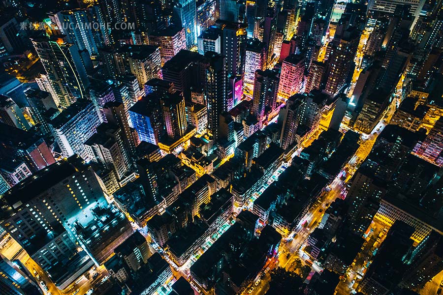 航拍城市高楼夜景中的空中建筑aerial-shot-urban-scenery-with-high-rise-buildings-spreading-light-during-night