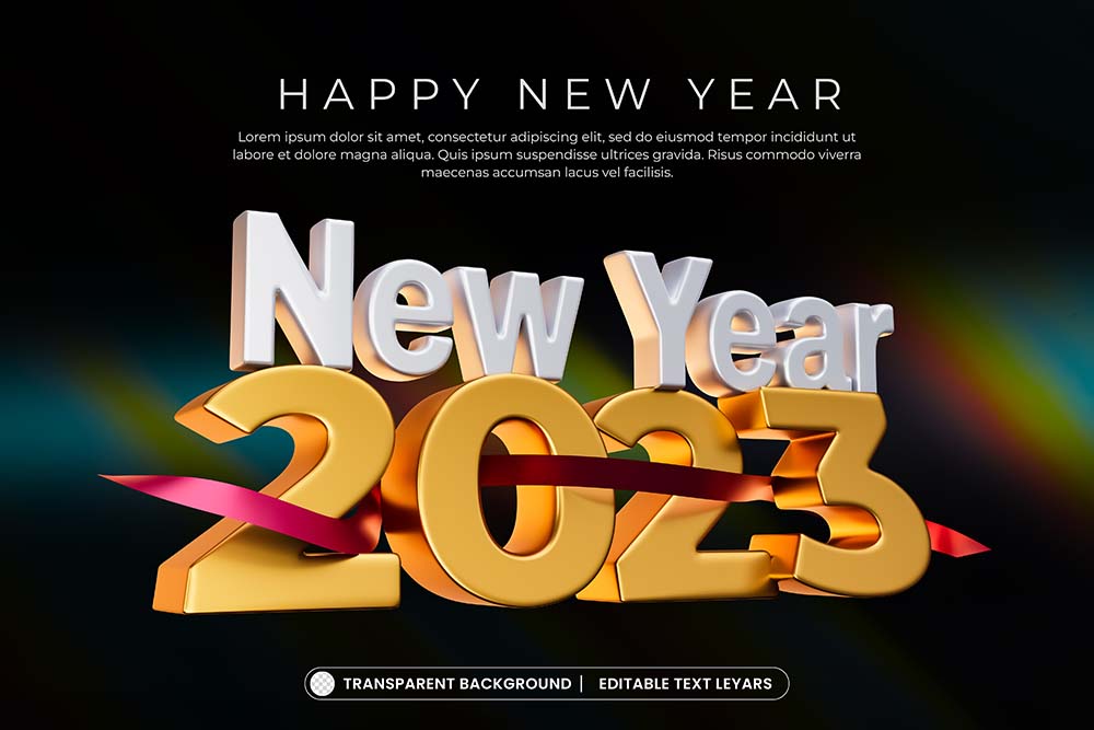2023年新年快乐-金色-文字效果-3d渲染