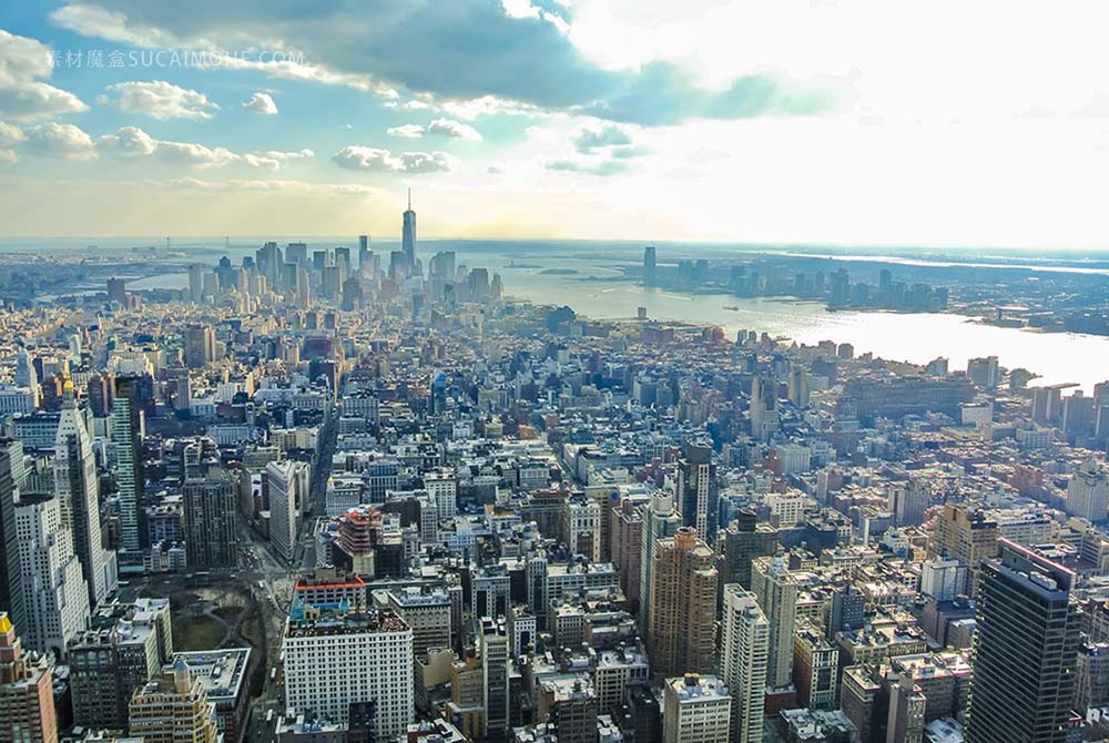 new-york-纽约 曼哈顿 日落 美国 城市 看 全景图 旅游 言论自由 天空 雕像 河 洛克菲