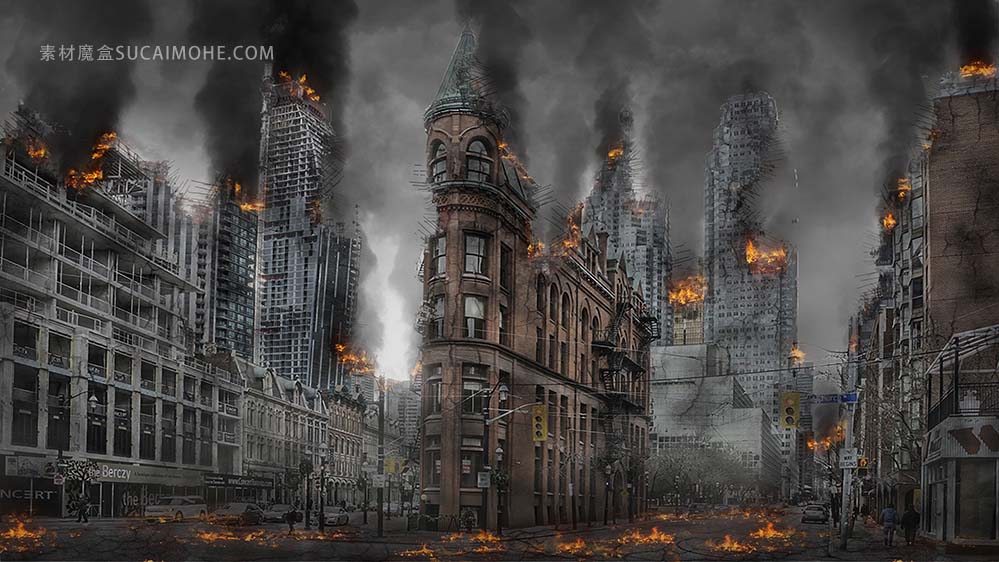 apocalypse-启示录 战争 灾难 销毁 世界末日 》 世界末日 城市 建设 燃烧 烟 废墟 尘