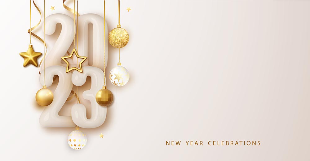 2023年新年快乐光泽度数字节日设计带圣诞装饰球流光灯花环