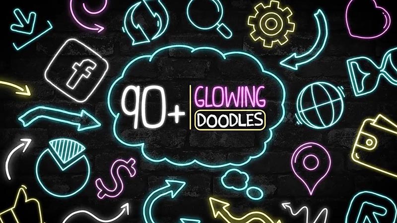 AE模板-90种手绘霓虹发光图形动画AE模板 Glowing Doodles Pack