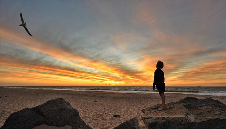 sunset-日落 天空 男孩 鸟 海洋 景观 自然 海滩 海 云 晚上 黄昏 水 心情 气氛 高清摄影大图