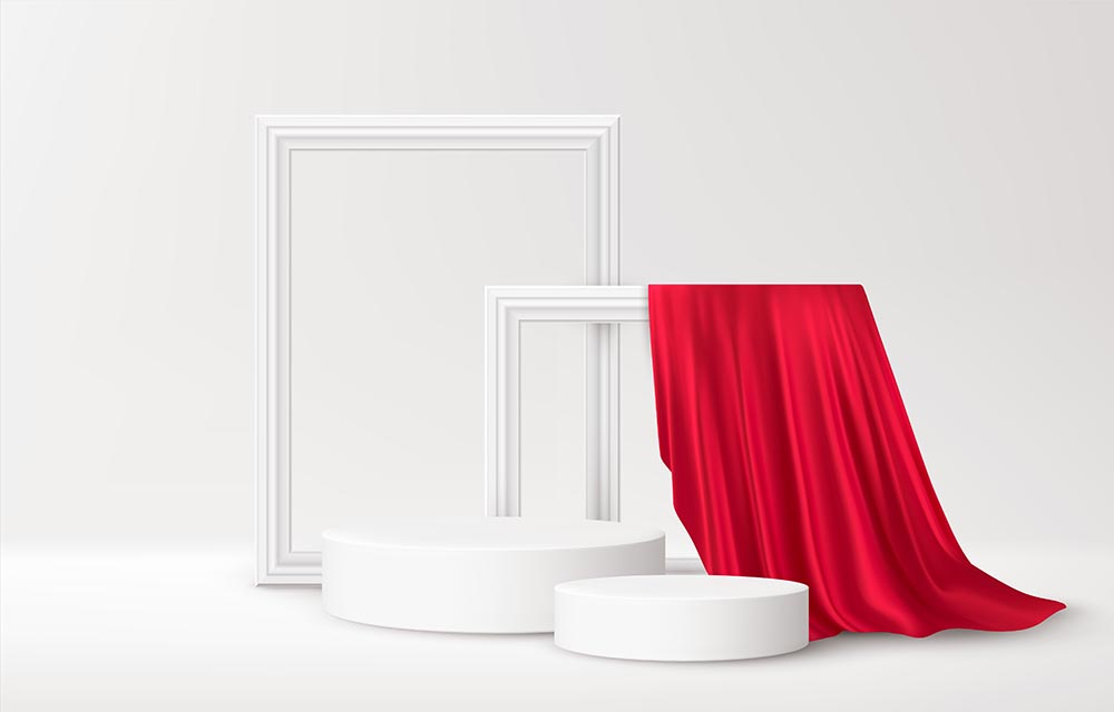 逼真的白色产品讲台，白色相框，红色丝绸窗帘，白色