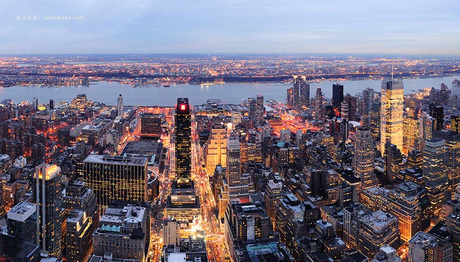 纽约市曼哈顿天际线全景鸟瞰黄昏