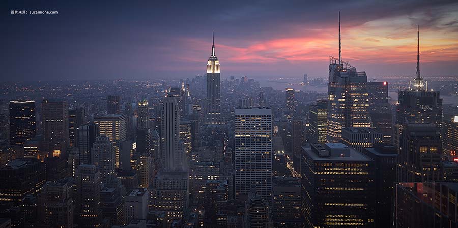 高角度俯瞰拍摄美丽的城市景观日落美国纽约市