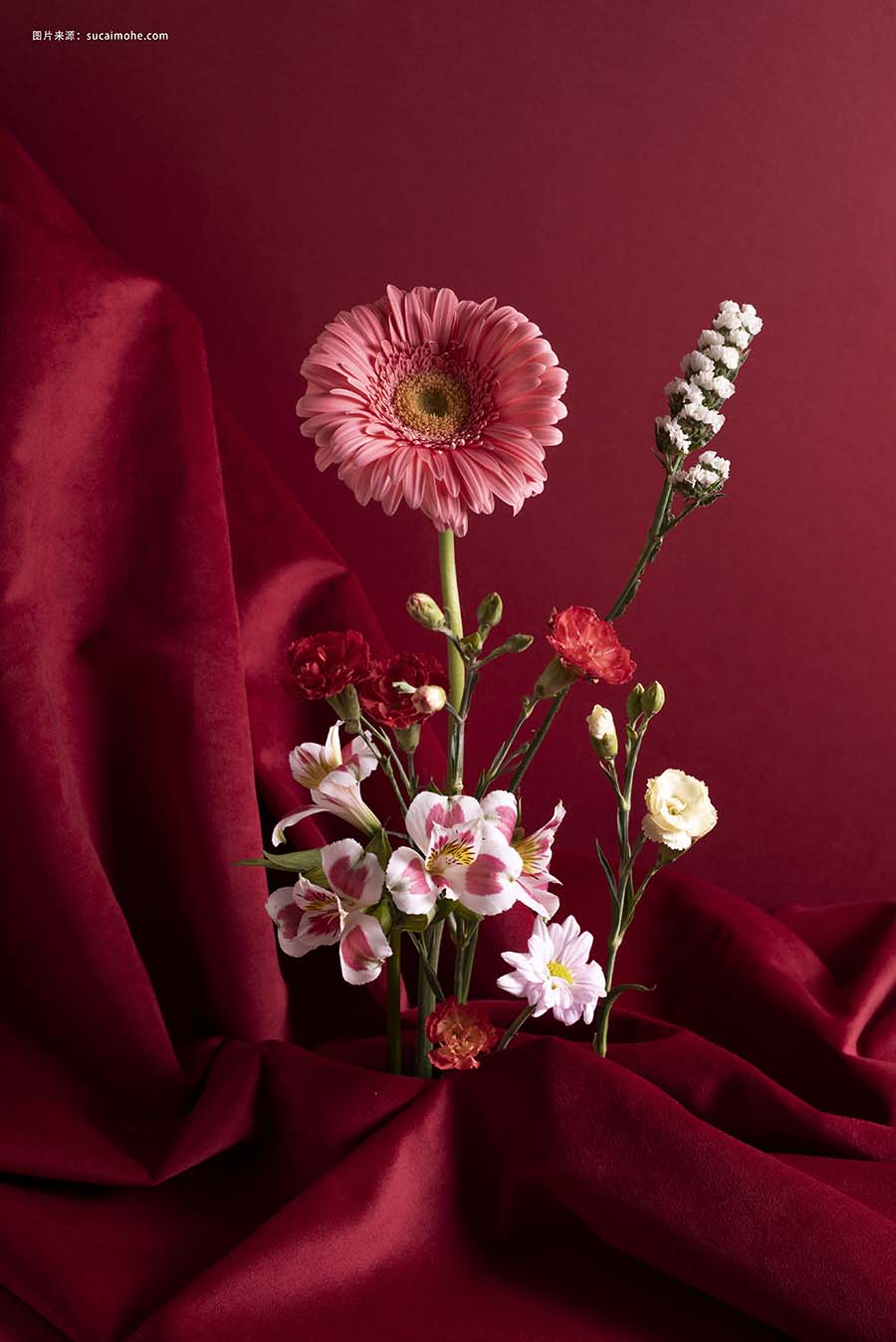 红色背景花瓶中的鲜花