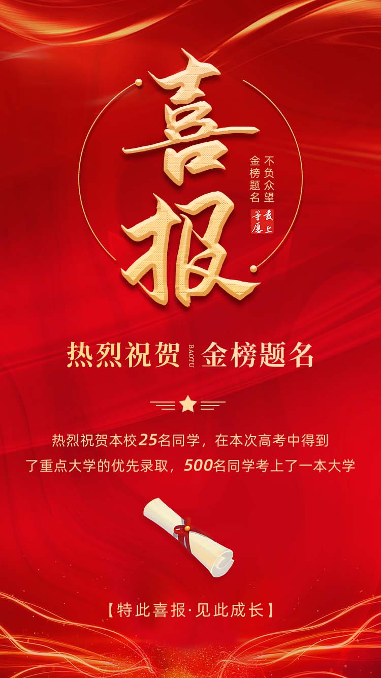 红金色大气高考喜讯喜报单图手机移动海报